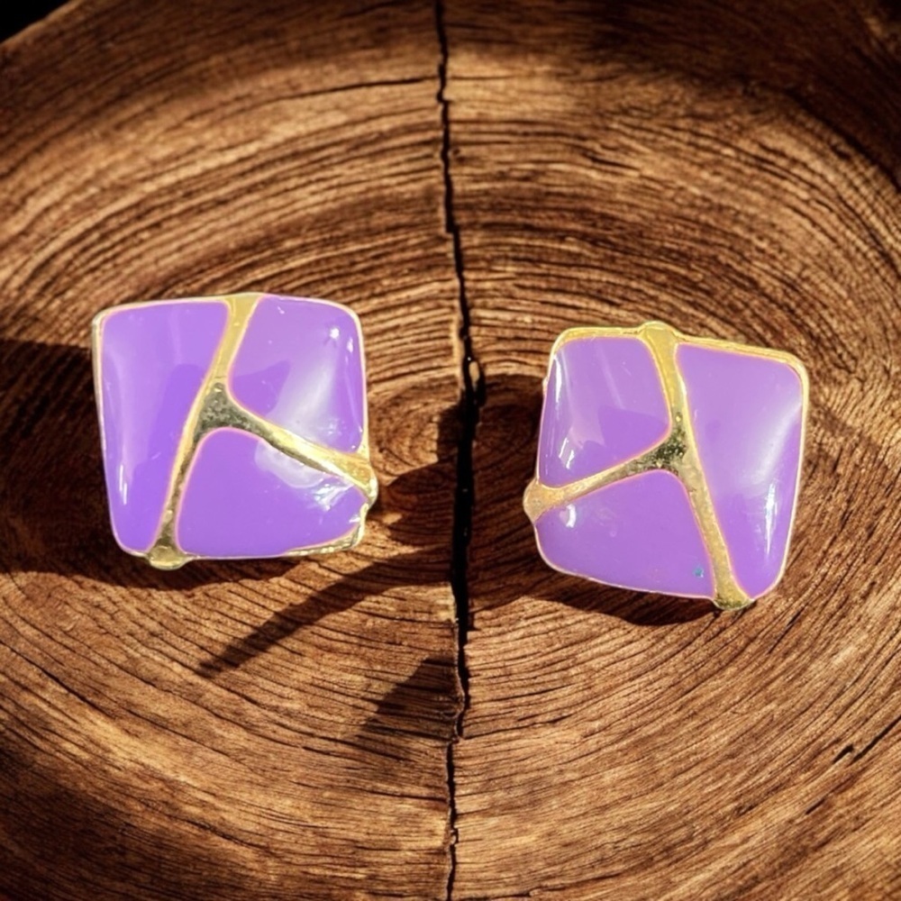 ART DECO STYLE; Gold and Purple Enamel; Vintage 70s; Geometric Earrings